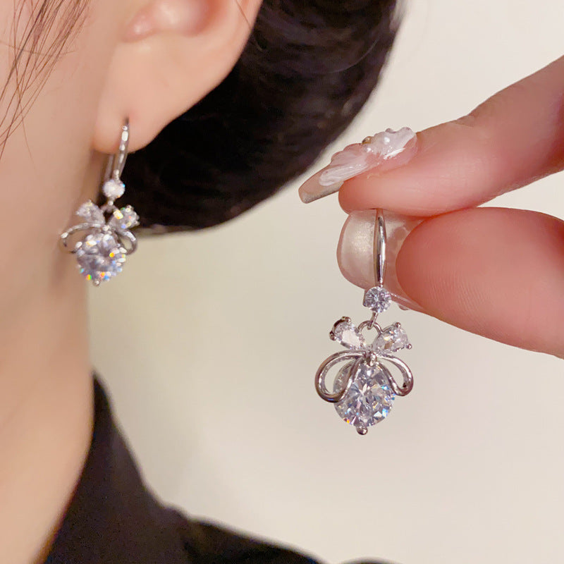 Luxury Zircon Bow Ear Hook Earrings – Silver Needle Elegant Design