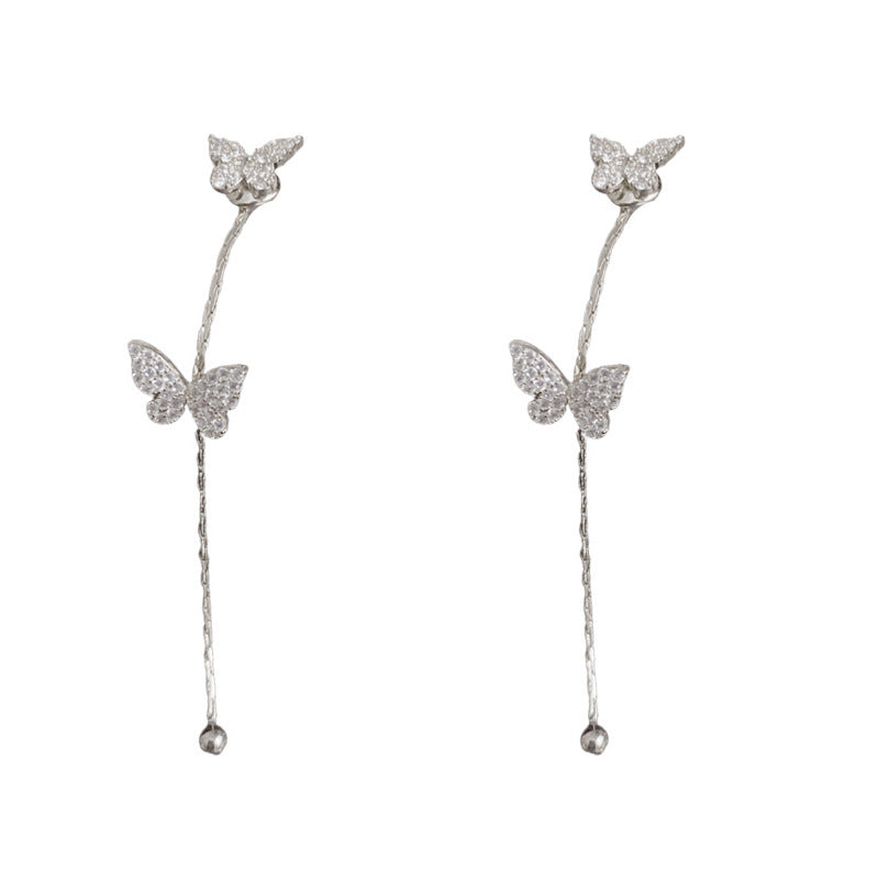 Luxury Butterfly Front-Back Tassel Drop Earrings – S925 Silver Needle