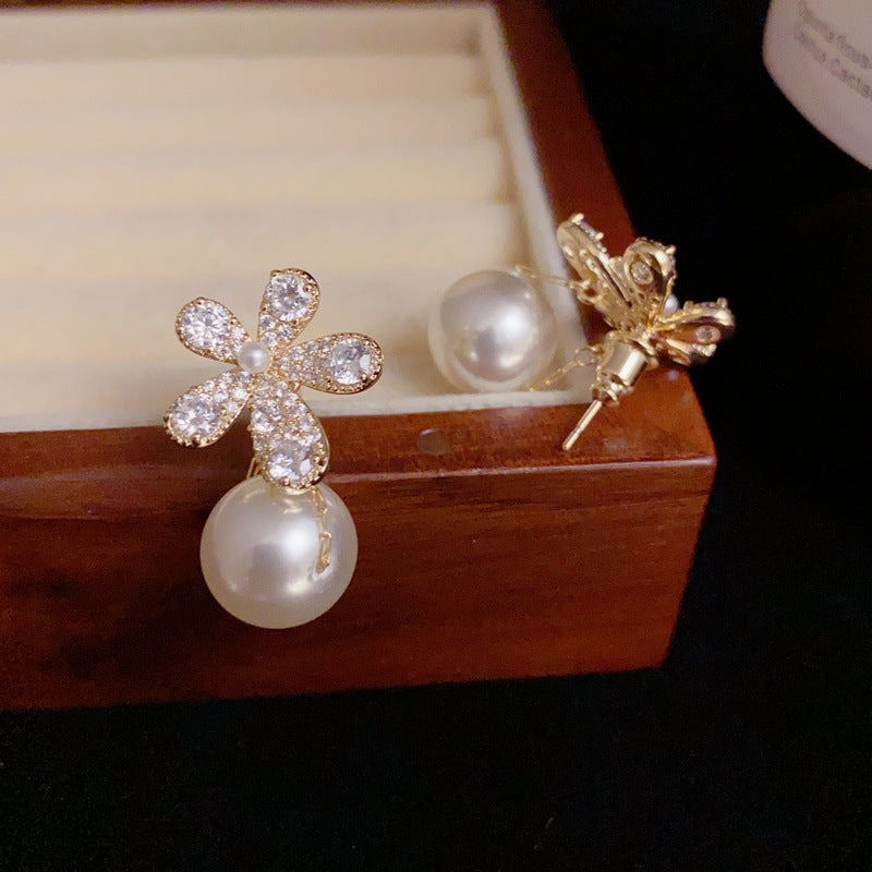 14K Gold-Plated Full Zircon Flower Pearl Earrings – Dual-Wear Design