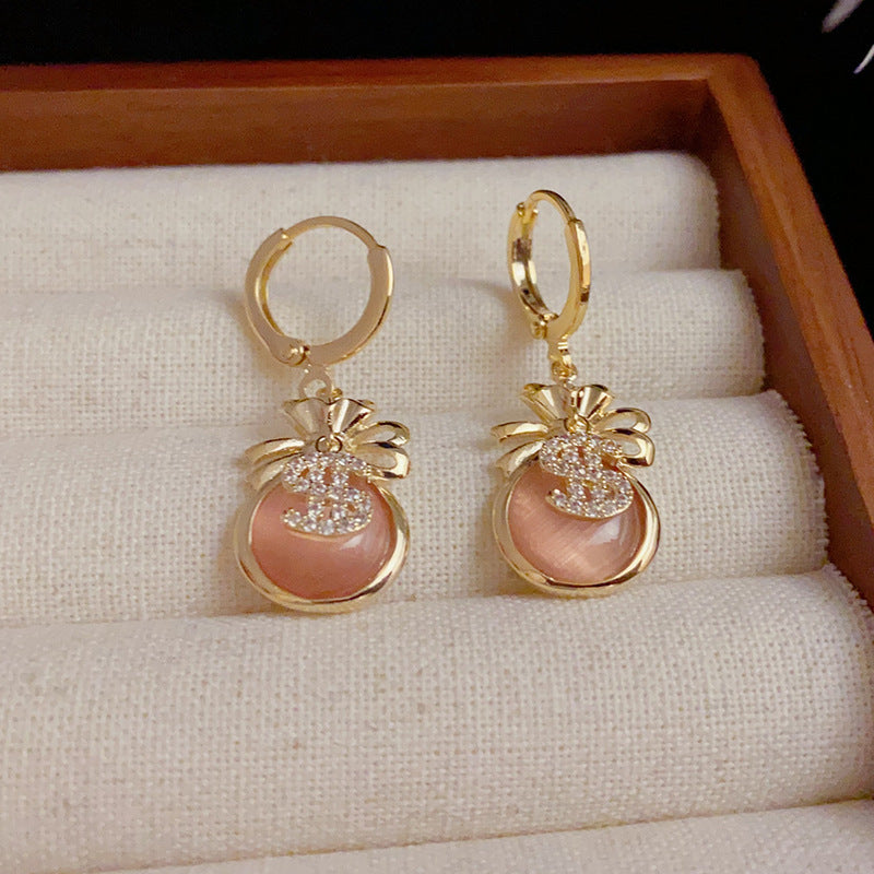 14K Gold-Plated Cat's Eye Stone Coin Pouch Earrings - Elegant Design