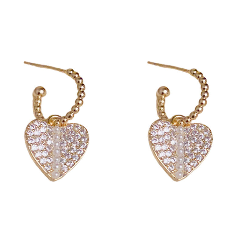 14K Gold Full Zircon Pearl Heart Earrings – Elegant Romantic Design