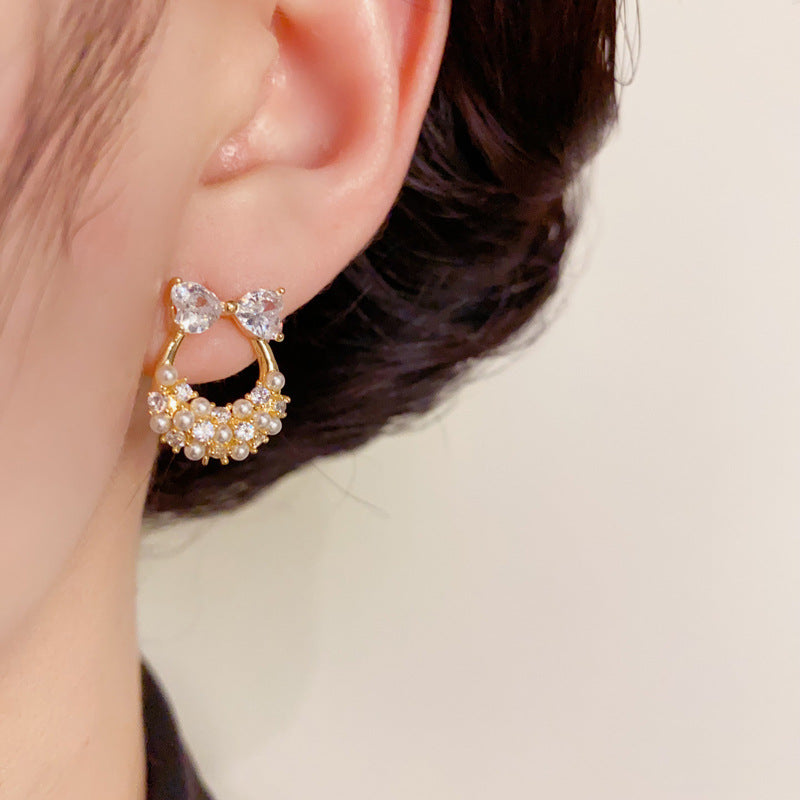 14K Gold-Plated Bow Pearl Hoop Stud Earrings – Sweet Minimalist Design