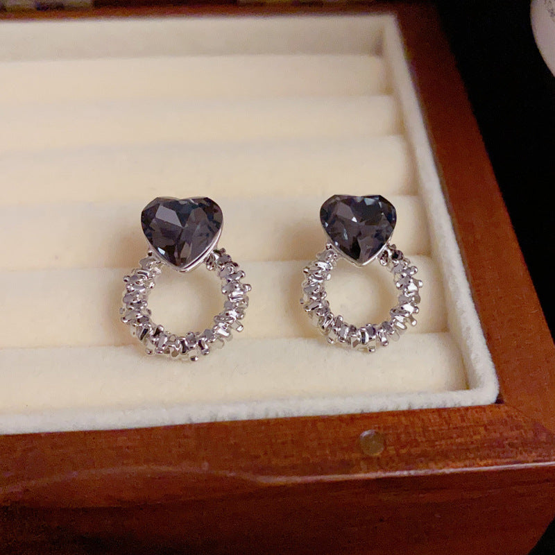 S925 Silver-Plated Black Heart Metal Circle Stud Earrings - French Design
