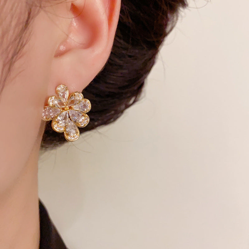 14K Gold Full Zircon Flower Earrings - Chic Elegance Design