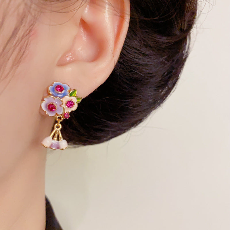 Luxury Colorful Enamel Flower Tassel Drop gold Earrings– Silver Needle