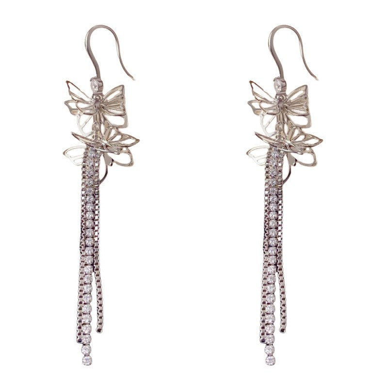 Eaioncol Cutout Butterfly CZ Tassel Drop Earrings Gold Silver