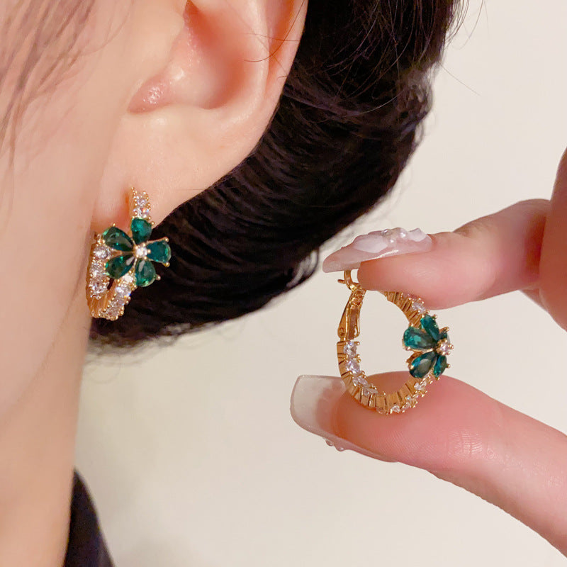 Luxury Full-Zircon Green Petal Hoop Gold Earrings – Floral Design