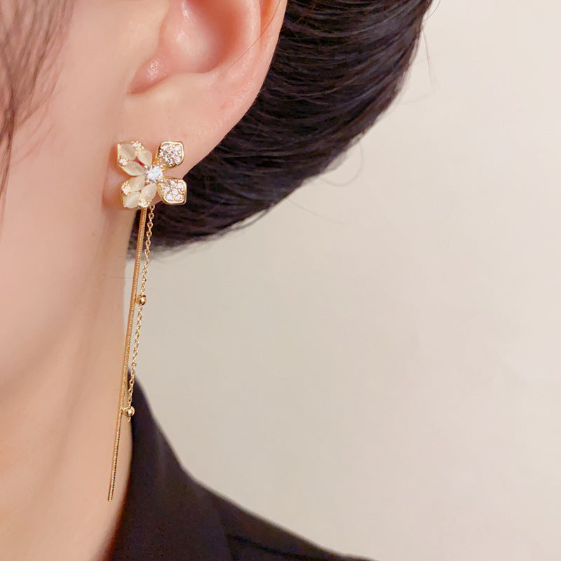 Elegant Zircon Petal Tassel Drop Earrings – Long Fringe Design