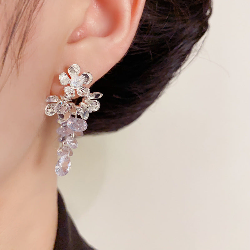 Luxury Metal Petal & Crystal Grape Tassel Drop Earrings –Floral Design