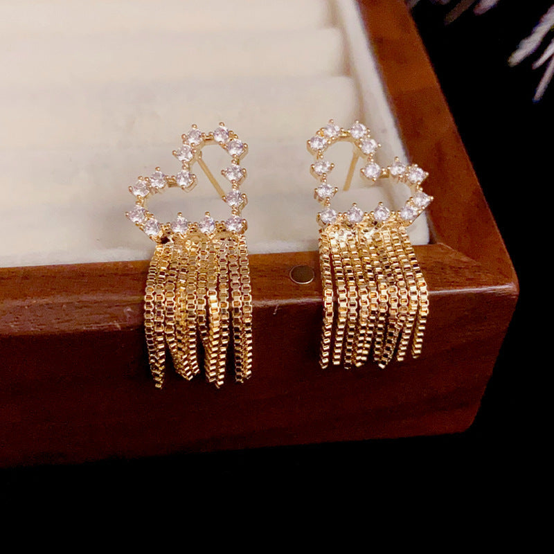 14K Gold-Plated Zircon Heart Tassel Earrings – Elegant Sparkle Design