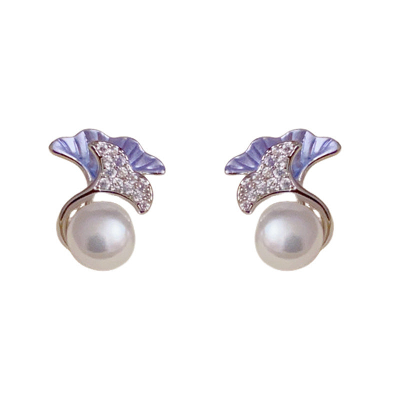 14K Gold Minimalist Double-Layer Ginkgo Leaf & Pearl Stud Earrings