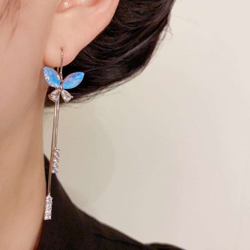 14K Gold-Plated Blue Butterfly Long Tassel Earrings – Elegant Design