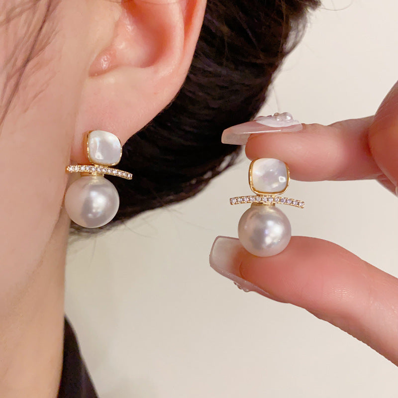 14K Gold Mother-of-Pearl Zircon Pearl Earrings - Chic Elegance Design