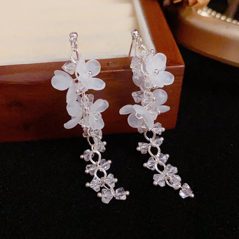 Luxury White Petal & Zircon Tassel Drop Earrings – S925 Silver Needle