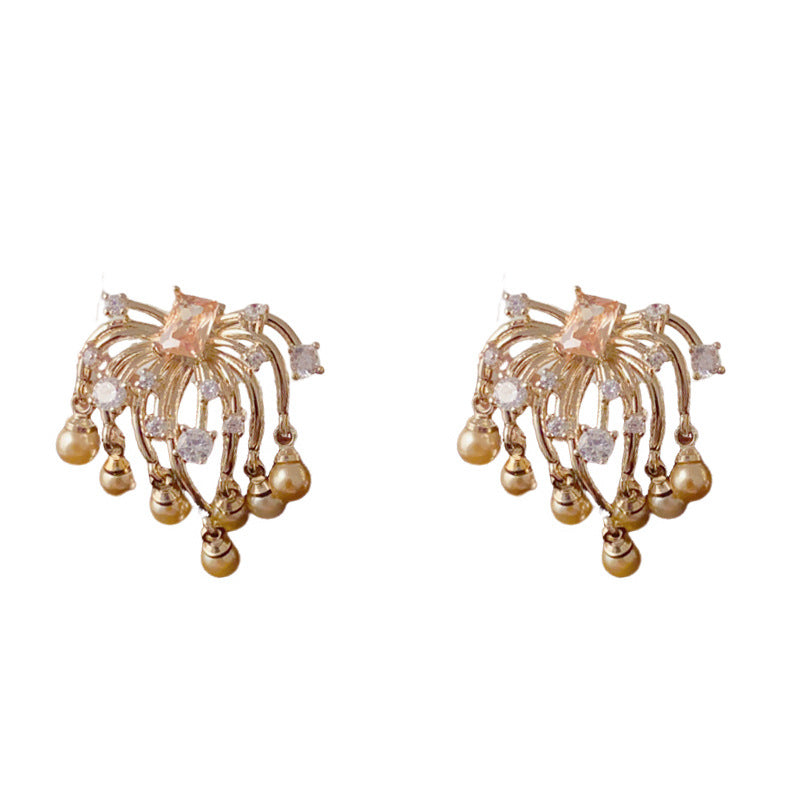 Luxury Zircon Firework Pearl Tassel Drop Earrings – Retro Design