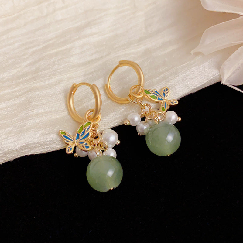 Luxury Butterfly Pearl & Imitation Jade Drop Earrings – Elegant Design
