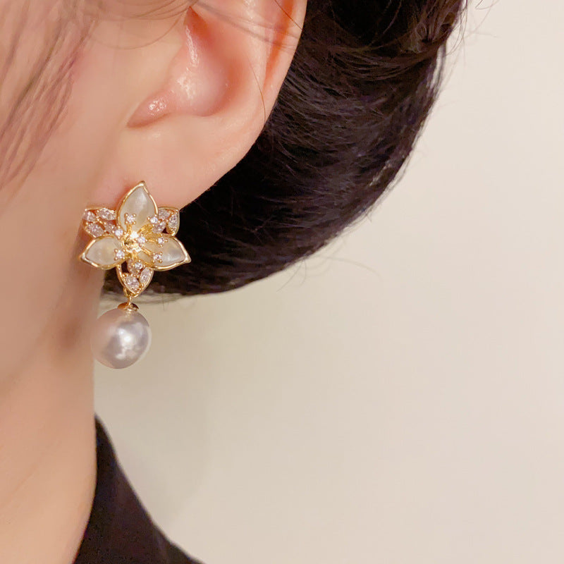 Zircon Flower Petal & Pearl Drop Gold Flower Earrings – Elegant Design