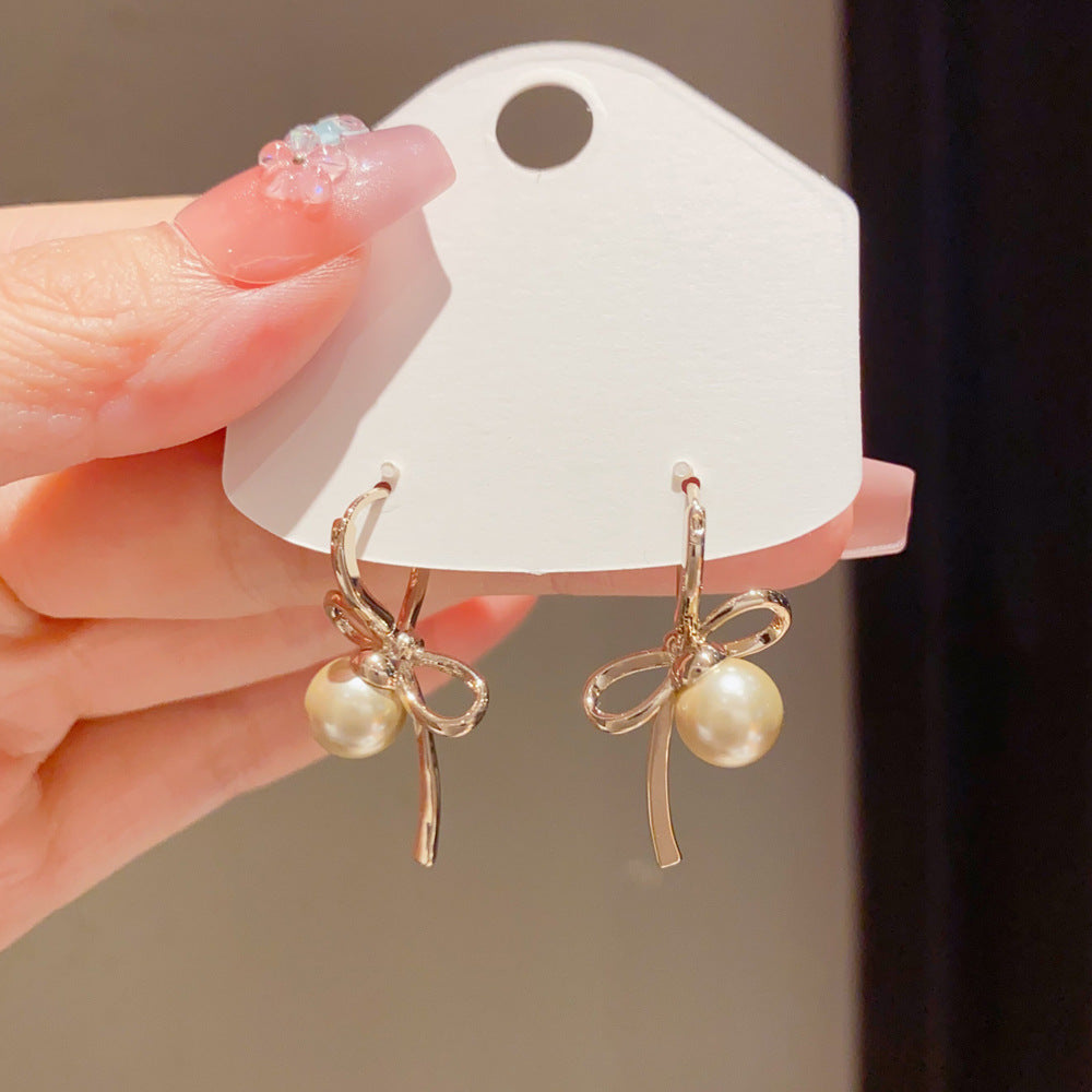 Eaioncol Coffee Gold Bow Pearl Hoop Earrings 14K Gold Plated