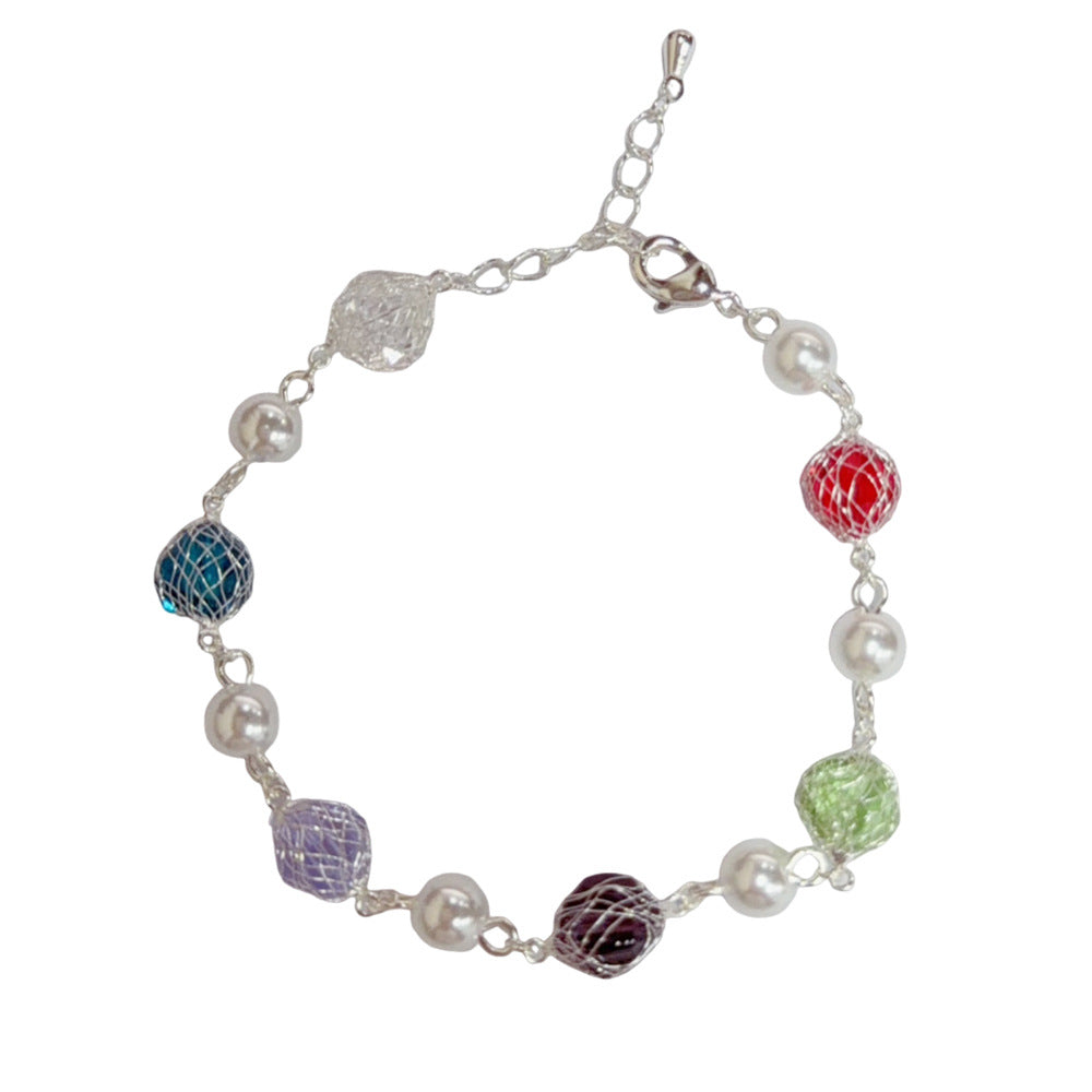 Eaioncol Colorful CZ Grid Pearl Bracelet Gold Silver