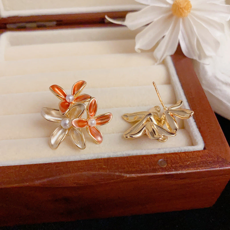 Luxury Colorblock 3D Flower & Pearl Earrings – Elegant Floral Design