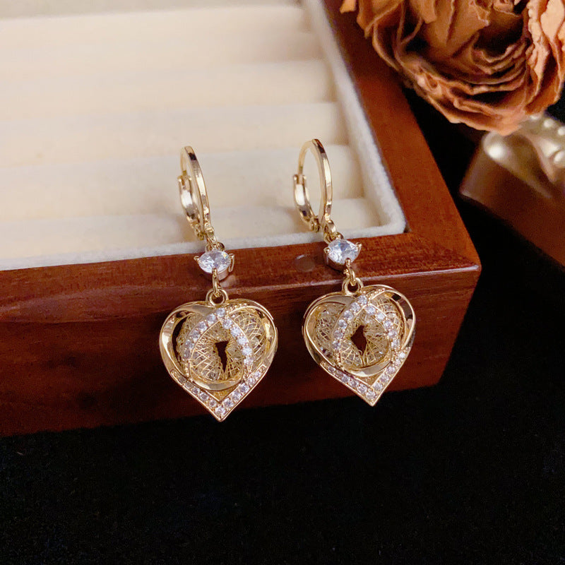 Luxury Zircon Metal Mesh Heart Drop Gold Earrings – Elegant Design