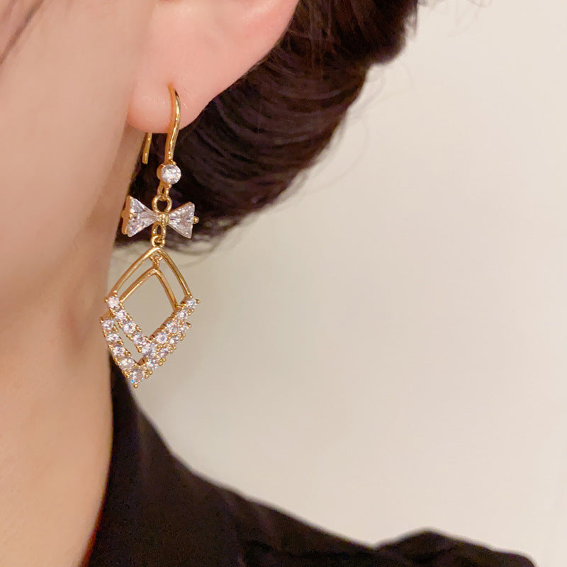 14K Gold-Plated Bow Geometric Diamond Shape Ear Hooks - Elegant & Chic