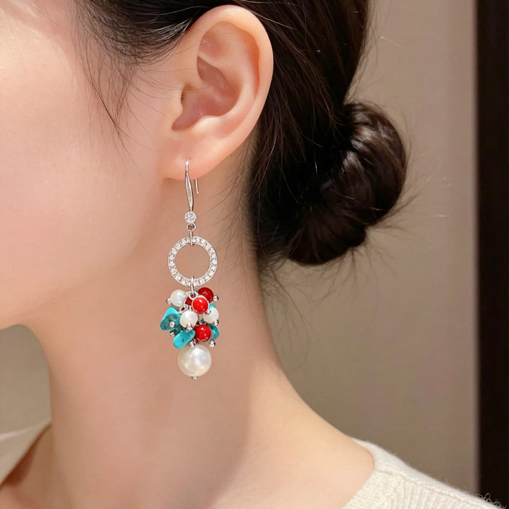 Eaioncol Turquoise Pearl Tassel Ear Hooks Earrings Gold