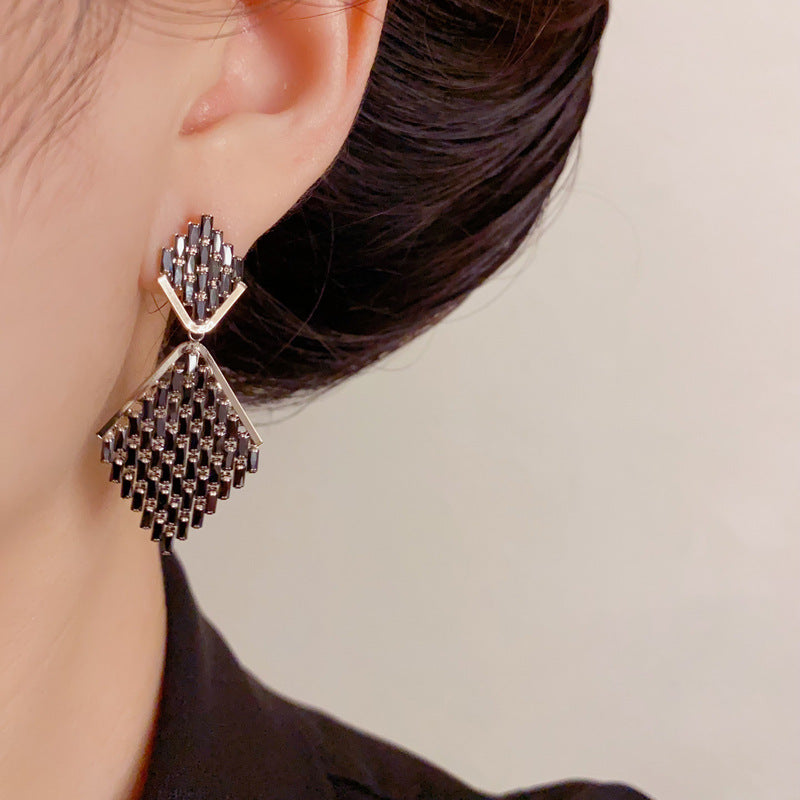 Luxury Zircon Geometric Rhombus Tassel Drop Earrings – Elegant Design