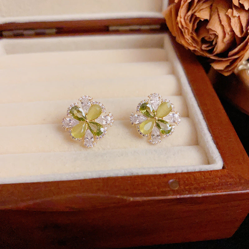 14K Gold Full-Zircon Crystal Petal Stud Earrings – S925 Silver Needle