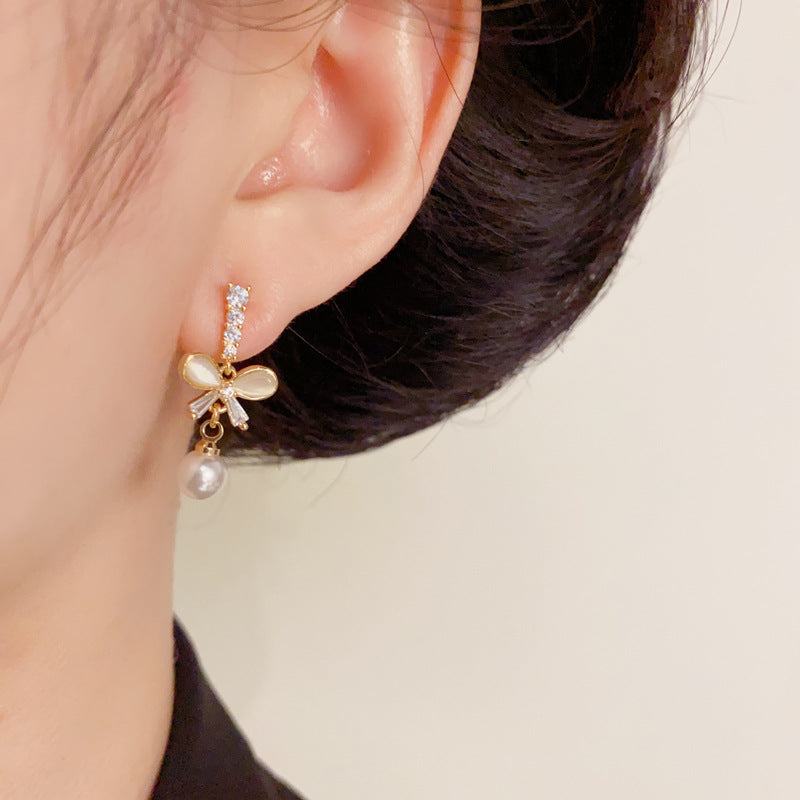 Elegant Zircon Bow & Pearl Drop Gold Earrings – S925 Silver Needle