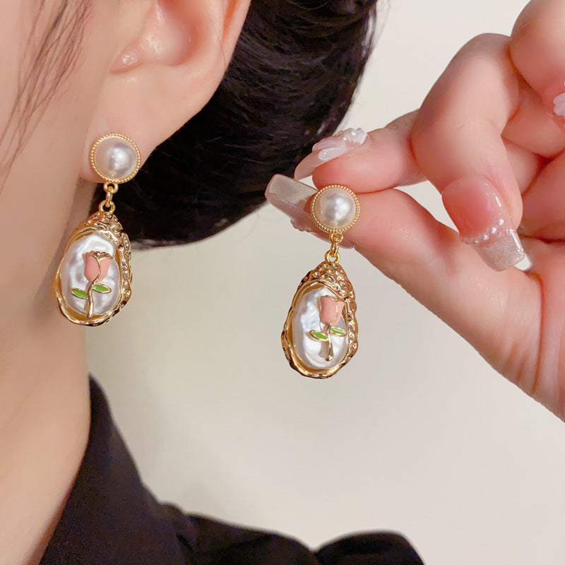 Luxury Irregular Pearl & Flower Tassel Drop Earrings – Elegant Design