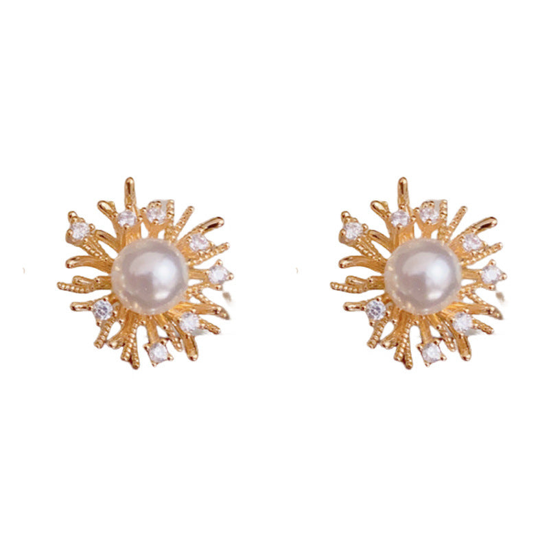 Luxury Zircon Firework & Pearl Stud Earrings – Elegant Floral Design
