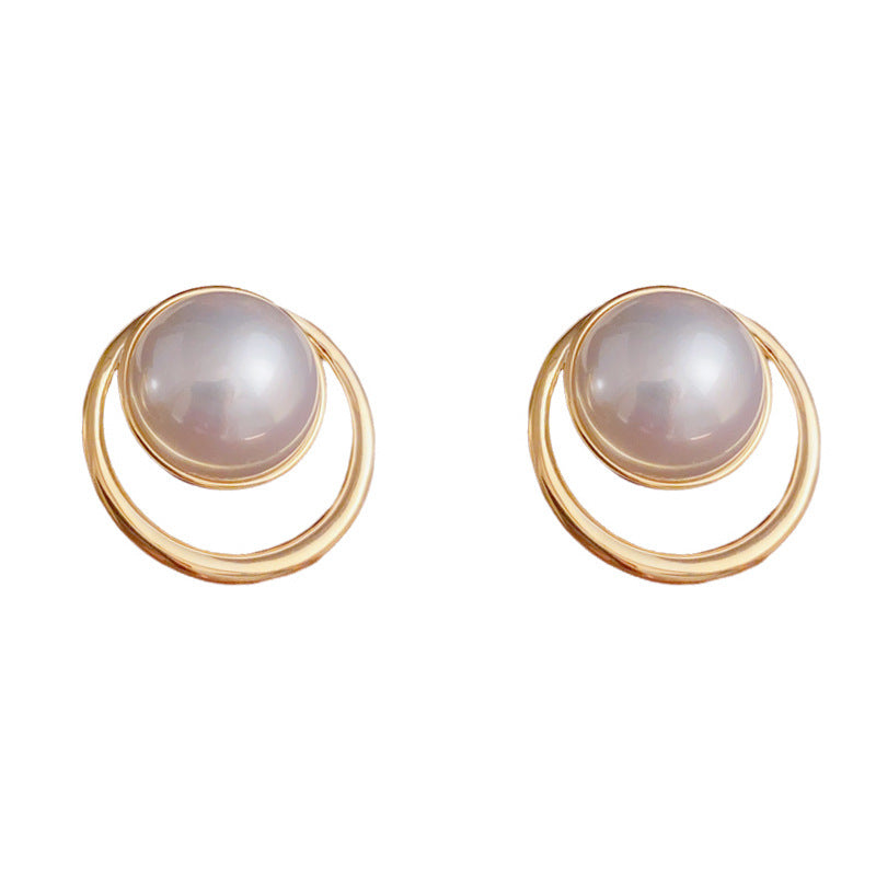 Elegant Large Pearl Round Ring Stud Earrings – Geometric Design