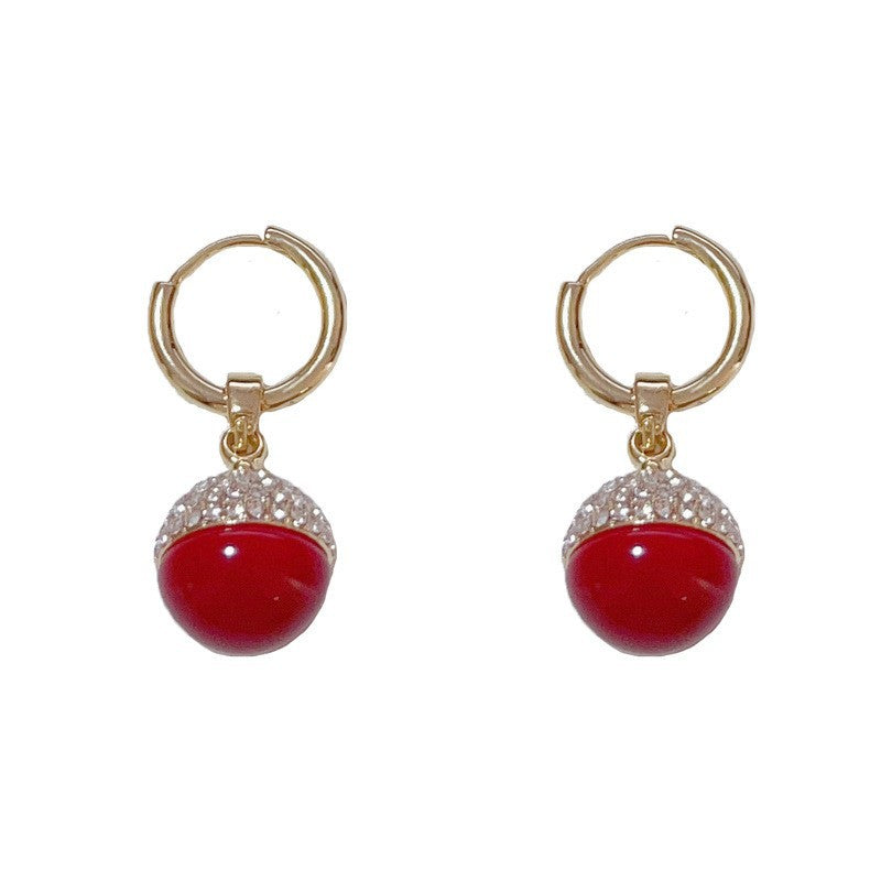 Elegant Full-Zircon Red Sphere Drop Earrings - Geometric Design