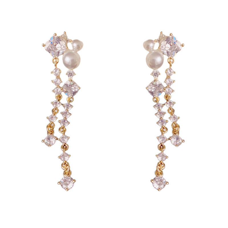 Luxury Full-Zircon & Pearl Long Tassel Drop Earrings– Geometric Design