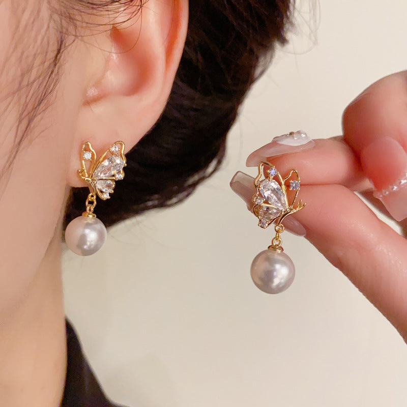 14K Gold Zircon Butterfly Pearl Drop Earrings - Chic Elegance Design