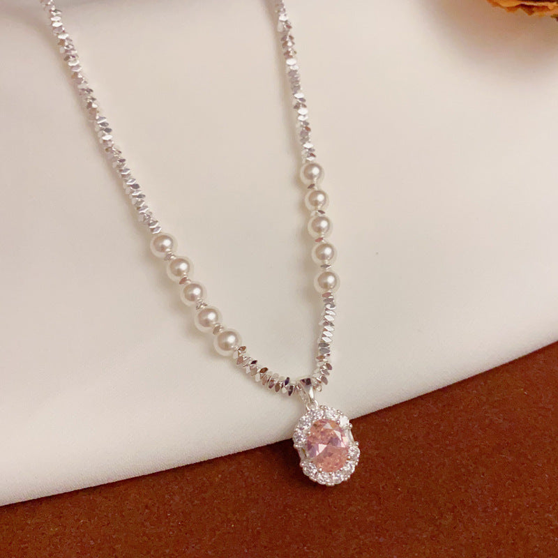Pink Zircon Pendant Pearl Necklace –Dainty Silver-Flecked Beaded Chain