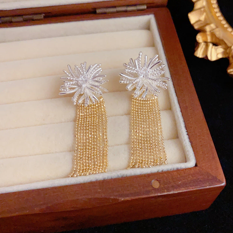 Elegant Metal Firework Dual-Wear Tassel Drop Earrings – Floral Design