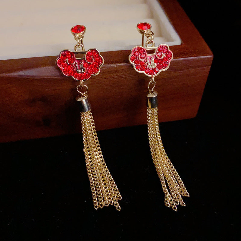 14K Gold-Plated Red Fu Peace Lock Diamond Long Tassel Earrings