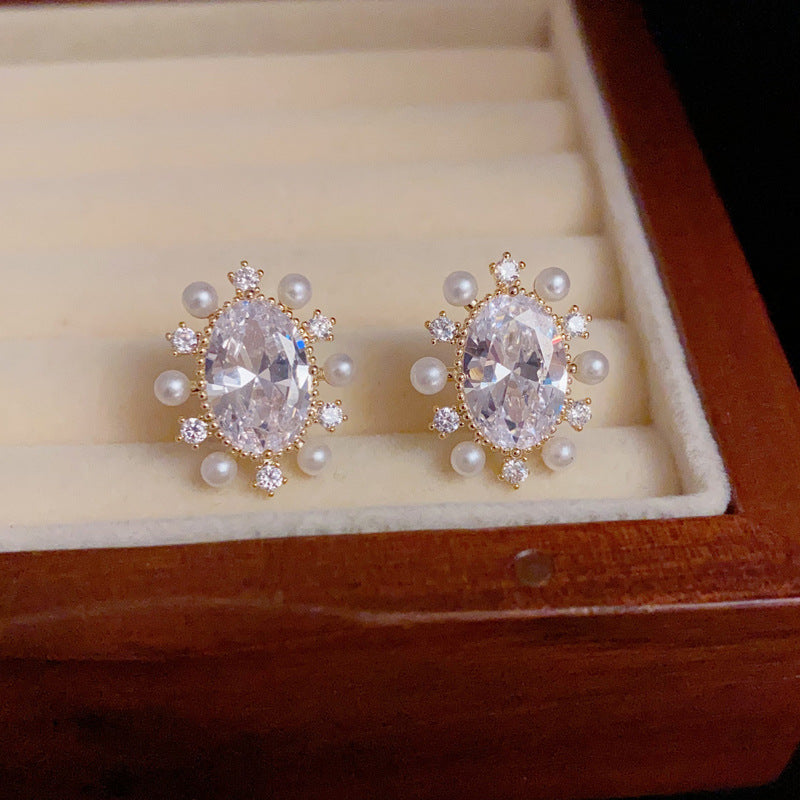 14K Gold-Plated Pearls&Zircon Sunflower Stud Earrings - Elegant Design