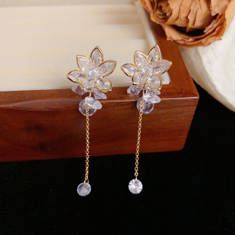 Luxury Zircon Petal Long Tassel Drop Earrings – Elegant Floral Design