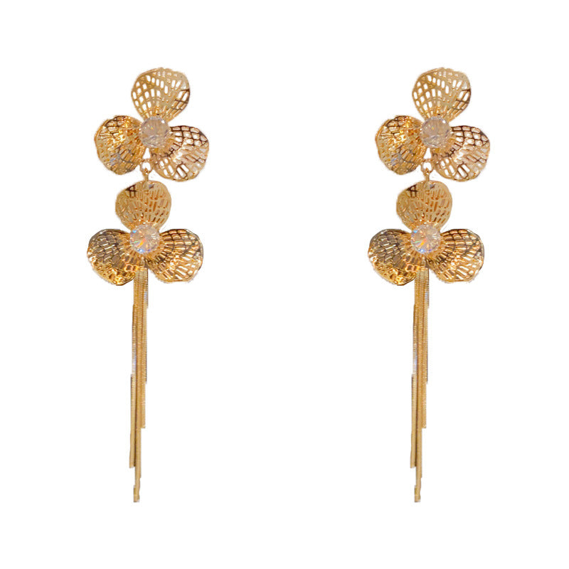 Elegant Hollow Metal Petal Long Tassel Drop Earrings – Floral Design