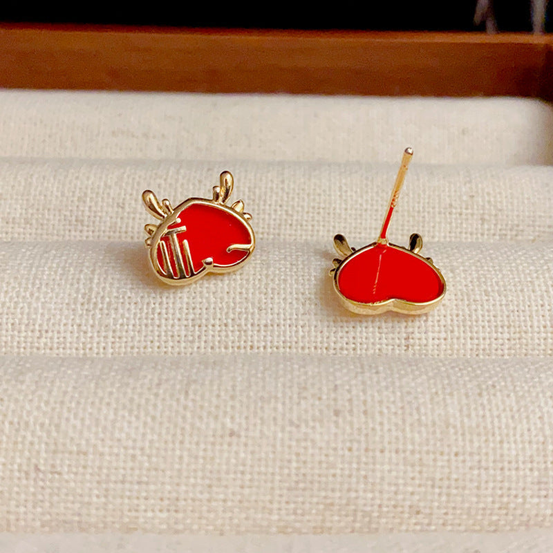 14K Gold-Plated Red Fu Character Stud Earrings - Festive & Elegant