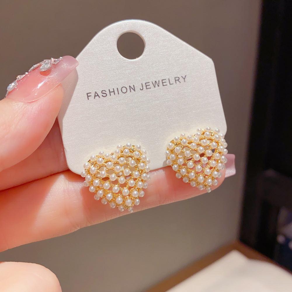 Eaioncol Openwork Heart Pearl Stud Earrings 14K Gold Plated