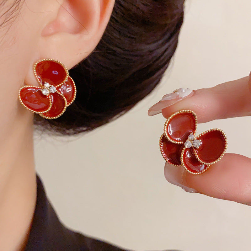 Luxury Enamel Red Petal Stud Earrings – Floral Design