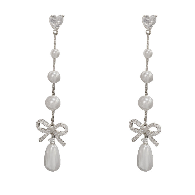 Eaioncol Bow Pearl Tassel CZ Drop Earrings Gold Silver