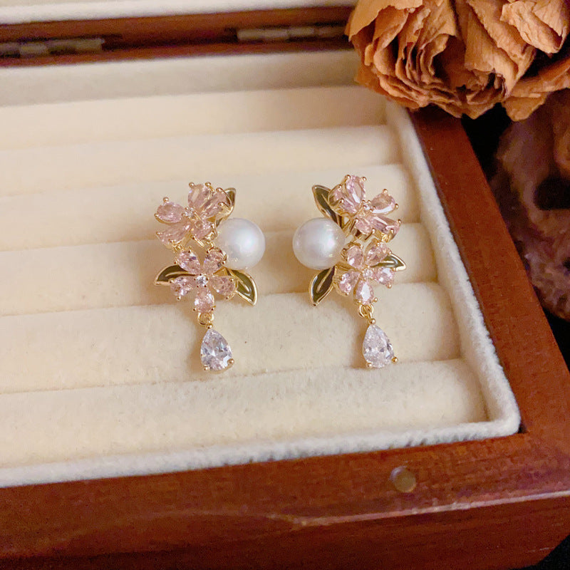 Elegant Pink Flower Waterdrop Gold Earrings – Silver Needle Design