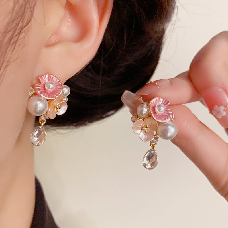 14K Gold French Style Flower Petal Pearl Drop Earrings– Elegant Design