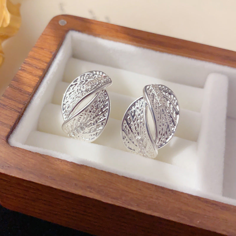 Elegant Zircon Metal Leaf Stud Earrings – Floral Design