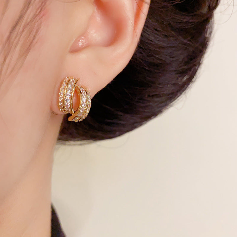 Luxury Full-Zircon Double-Layer Stud Gold Earrings – Geometric Design